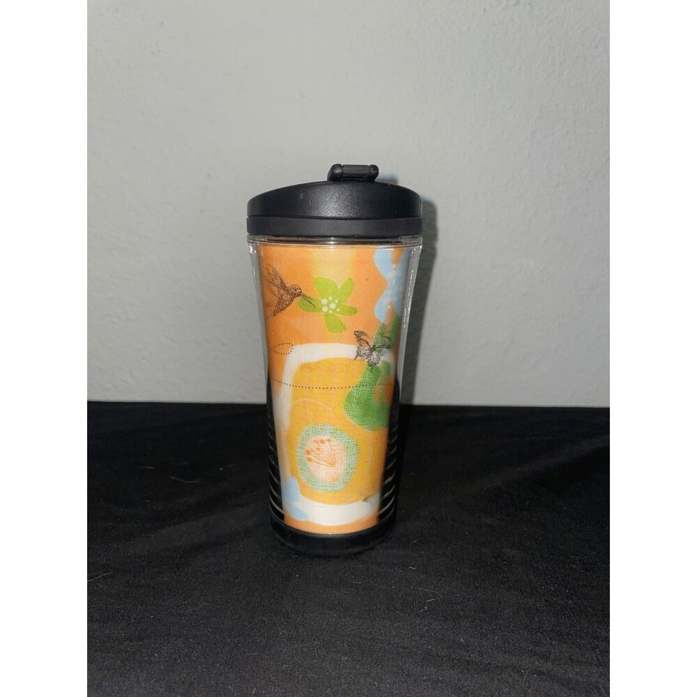Starbucks Vintage Orange Hummingbird Travel Tumbler 8 oz Black Flip Lid